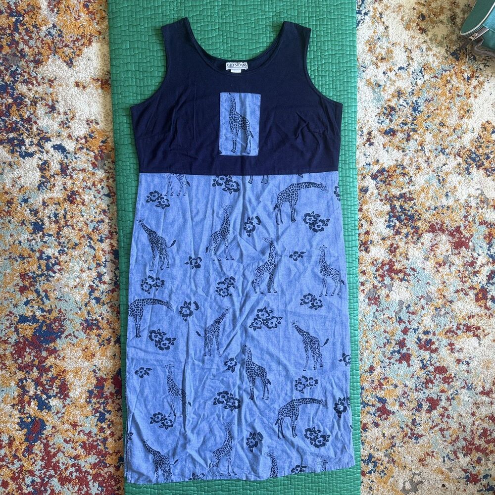 Vintage KELLY STEVENS Giraffe Print Long Sundress Blue Large Linen Blend Artsy